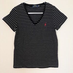 Polo Ralph Lauren Classic Striped Shirt V Neck Black White Women's Medium